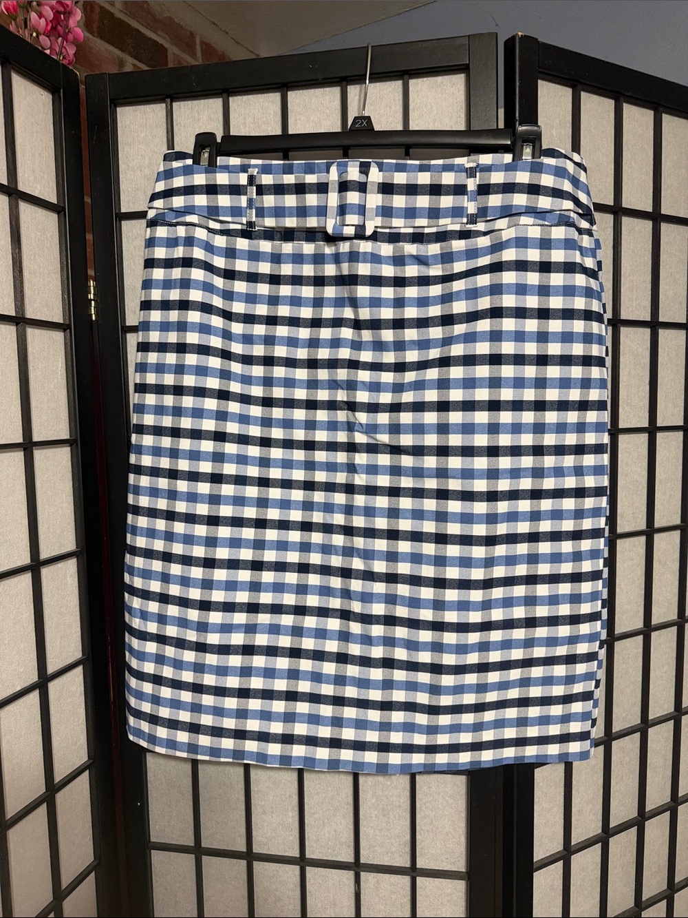 Cato Navy and White Gingham Belted Pencil Skirt